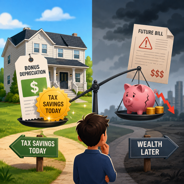 Illustration comparing bonus depreciation tax savings today with a future tax bill and reduced wealth from a real estate investment.