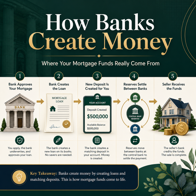 Infographic showing how banks create money for a mortgage, from loan approval and deposit creation to reserve settlement and payment to the home seller.