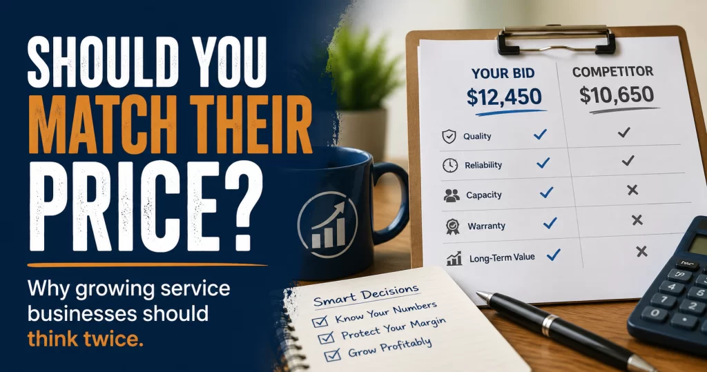 Business owner comparing their service bid with a lower competitor price before deciding whether to match it.