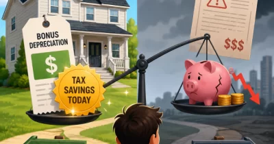 Illustration comparing bonus depreciation tax savings today with a future tax bill and reduced wealth from a real estate investment.