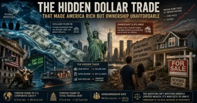 Editorial illustration showing global dollar flows fueling U.S. financial markets while rising home prices make homeownership less affordable for American families.