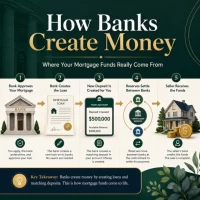 Infographic showing how banks create money for a mortgage, from loan approval and deposit creation to reserve settlement and payment to the home seller.