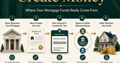 Infographic showing how banks create money for a mortgage, from loan approval and deposit creation to reserve settlement and payment to the home seller.