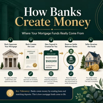 Infographic showing how banks create money for a mortgage, from loan approval and deposit creation to reserve settlement and payment to the home seller.