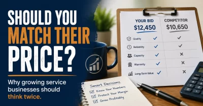 Business owner comparing their service bid with a lower competitor price before deciding whether to match it.