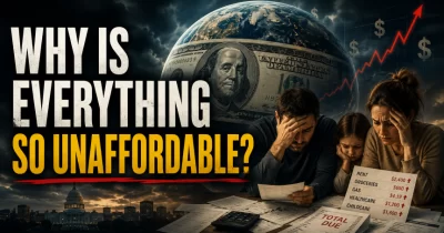 Worried American family reviewing rising household bills beneath a globe wrapped in a U.S. dollar, illustrating the global dollar system and affordability crisis.